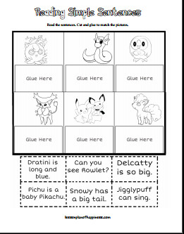 Reading Simple Pokemon Sentences Free Cut and Glue Worksheet