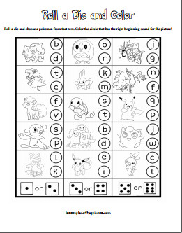 Roll a Die and Color Beginning Sounds Free Pokemon Worksheet
