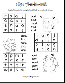 Pokemon CVC Word Search Free Printable