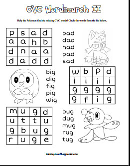 CVC Pokemon Word Search Free Printable