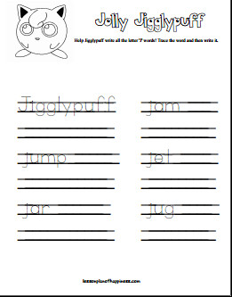Trace and Write J Words with Jigglypuff Free Worksheet