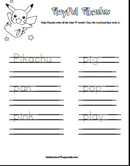Trace and Write P Words with Pikachu Free Pokemon Worksheet