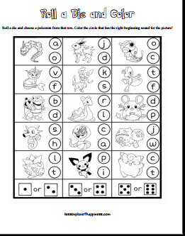 Roll a Die and Color Beginning Sounds Free Pokemon Worksheet
